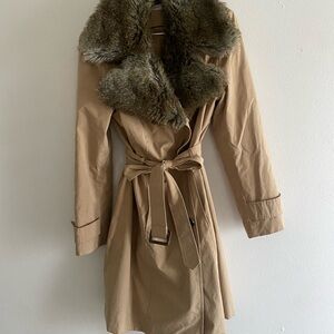 Calvin Klein Tan Trench Coat with Fur Collar